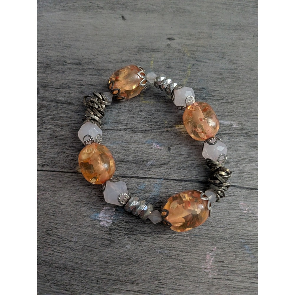 Boho Amber Resin and White Quartz Beaded Stretch Bracelet Silver Tone Accents
